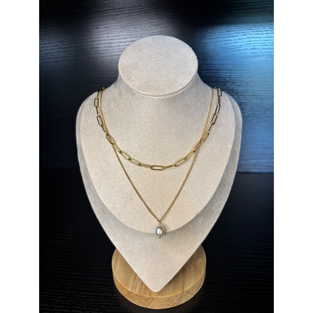 Layered Gold Paperclip Chain Pearl Pendant Necklace Stainless‎ Steel Dainty